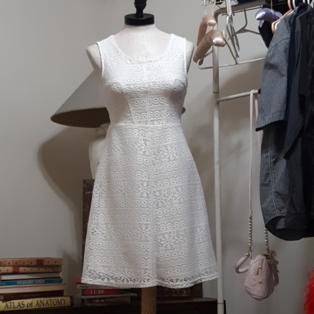 Womens White knit Lacey dress Sz Small Petite NOTATIONS b36 Summer Zipper Back